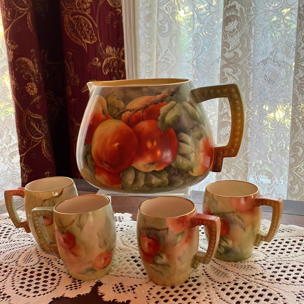 American Belleek Lemonade Beverage LG Pitcher & 4 Matched Mugs Apples Pattern